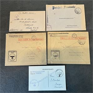 PORTKORT/BREV 2. VERDENSKRIG 7 stk, 1 fra India, 3 fra Tyskland, 2 fra Australia, 1 fra Nederland, 3 til Norge