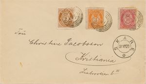 IV 234 - LAATE (HO / 10) på brev til Kristiania med 2 øre NK 97, samt 3 øre og 10 øre stolpemerker, sidestemplet SKARE IIL 31 VII 20. Bak Kristiania TUR maskinstempel.