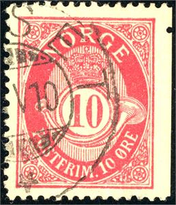 77 II. 10 øre fintagget Knudsen i et horisontalt par som er beskåret nede (Fra FH 3 eller 4) og et enkeltmerke med hull oppe i høyre side. Det medfølger også et par som er meget svakt beskåret.