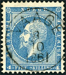 4. 4 skilling Oscar, rettvendt fullstemplet "Vaage 8.10.1861" (OP, 6 pkt).