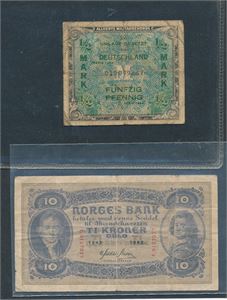 PENGESEDLER 10kr 1943 + tysk 1/2 mark Allierte Militärbehörde 1944. Begge brukte mange ganger