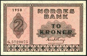 2 kroner 1950, serie G.5729075. God 01