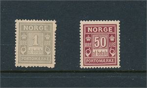 PORTO Nk 1 og 5x xx. 2 postfriske 1og 50øre portomerker (Hk 560)