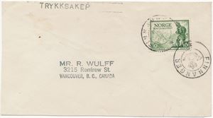 Kronet Posthorn FINNANGER (NT / 6). Klare avtrykk på trykksakbrev til Canada frankert med NK 360.