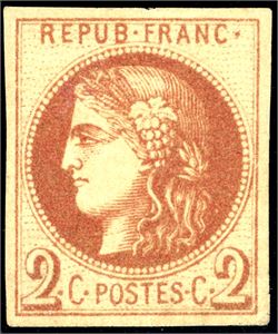 37. (Yv. 40 A f). 2 c "Bordeaux"-issue, "impresii on fine de Tours" in superb condition. (Yv. € 2500).