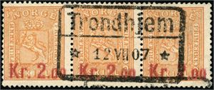 87 II. 2 kr provisorie i horisontal 3-stripe, pent stemplet "Trondhjem 12.7.07".