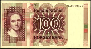 100 kroner 1977, serie QA 0060576. Erstatningsseddel. 0