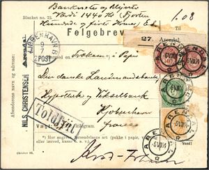 75,76,83. 108 øres porto til Danmark. 3 øre-, 5 øre- og to 50 øre fintagget Knudsen på følgebrev (Bl.nr. 72) til Kjøbenhavn, stemplet "Arendal 6.7.04". Ankomststempel ved siden.