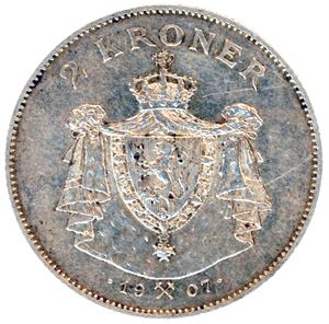 2 kroner Jubileum 1907 med korslagte geværer. 1