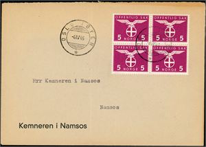 T 49. 5 øre Solkors i 4-blokk på konvolutt, annullert med hjelpestempel "Oslo Tøyen 6.4.45".