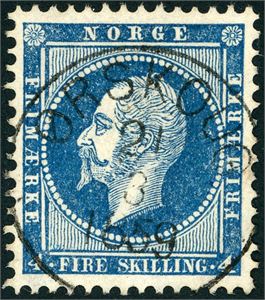 4. 4 skilling Oscar, rettvendt stemplet "Ørskoug 21.3.1859" (MR, 7 pkt).