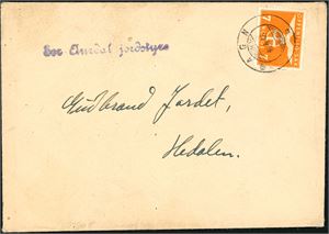 T 49. 7 øre Solkors på konvolutt, annullert med hjelpestempel "Bagn 10.4.45" (OP).