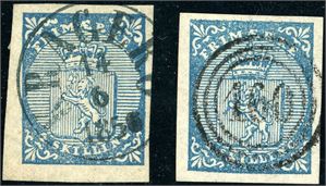1. To 4 skilling våpen 1855, den ene stemplet "Kragerø" og den andre med nummerstempel "160" (Kragerø). Varierende marger.