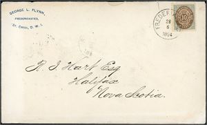 11. DWI. 10 c postage to Canada. 10 c bicoloured on envelope to  Nova Scotia, cancelled "Frederiksted 28.6.1894". Four postmarks at reverse: "St, Thomas", "N.Y", "Halifax Canada Jy 22 94". Two small tears on the top, are not affecting the stamp.