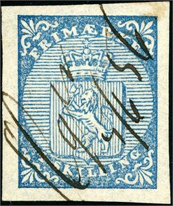1. 4 skilling våpen 1855, med håndskrevet skipsanering "Æger 5/6 56". Merket med gode marger. Attest Enger.