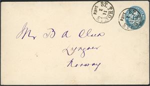 DWI. 2 c stationary envelope to Lyngør, Norway, cancelled "St. Thomas 14.2.1884". Arrival postmark "Risør 8.3.84" at reverse. (This Risør cds are quite rare, only used in few months).