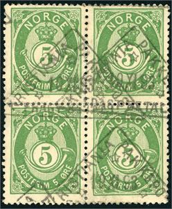 52 IV. 5 øre 20 mm i 4-blokk, stemplet "Kristiania 10.11.93".