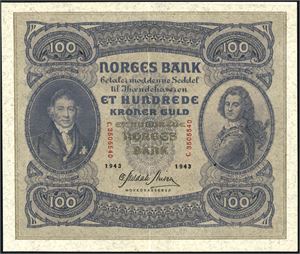 100 kroner 1943, serie C.3505540. 1+