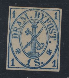 Drammen Bypost I nr. 3Iay 1 skilling (verdi satt til kr. 3000 i 2005)