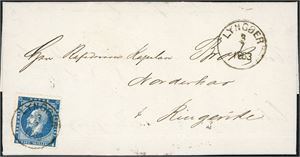 4. 4 skilling Oscar på komplett brev, stemplet "Lyngør 3.7.1863". Baksiden med transittstempel "Riisøer".