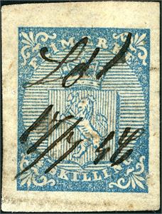 1. 4 skilling Våpen 1855, annullert med håndskrevet "Lød 17/7 56" (Lødingen, NO). Gode marger. En horisontal utglattet brett går gjennom nedre marg.