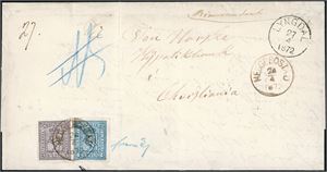 13,14. 7 skillings innenlandsporto. 3 skill 3 og 4 skill 4 på brevomslag, sendt rekommandert, stemplet "Hegebostad 24.4.1872" og sendt til Christiania. Transittstemplet "Lyngdal 27.4.1872" ved siden.