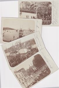 Stavanger, 4 kort fra Kongebesøket i Juni 1906.  UB småf.  Fotokort.