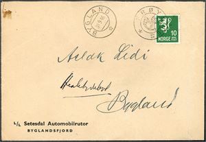 10 øre Løve på konvolutt, anert med KPH "Frøysnes" og ved siden stemplet "Bygland 30.9.46" (AA, 888 pkt).