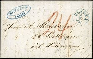 Ubetalt brev, stemplet "Bergen 4.9.1855" og sendt til Fehmarn (Slesvig Holstein). Satt i porto med 24 Rbs som er satt sammen av norsk og dansk innenlandsport samt sjøporo, hver på 8 Rbs. Transittstemplet "Kjøbenhavn" på baksiden.