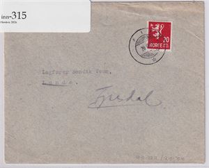 Hjelpestempel Skien 20-10-42 Hj.st på brev til Lunde, omadressert til Fyresdal og påført HJELPESTEMPEL Lunde i Telemark 22-10-42 på baksiden !!!