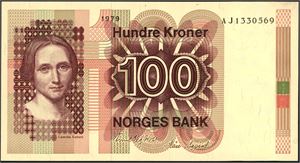 100 kroner 1979, serie AJ 1330569. 0