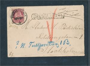 Nk 43 på brev stemplet "CHRISTIANIA 18 IX 85" til Stockholm. Påstemplet "OBESTELLBART" i ramme etter å ha vandret rundt på mange adresser i Stockholm (se baksiden)