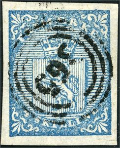 1. 4 skilling våpen 1855, anert med nummerstempel "365" (Nissedal, TE, 10 pkt). Gode til normale marger i alle sider. Attest FCM.