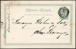 5 øres Brev-Kort, annullert med 3-rings "130" (D/S Bjørgvin). Kortet er datert "Arendal 22/2 1887" og sendt til Stavanger.