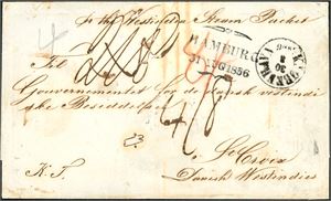 An entire fron The Royal Finance Departmen in Copenhagen to Governementet for the Danish Westindien Islands on St. Croix sent as "K.T.", with a "Kjøbenhavn 30.8.1856" cds , together with a "Hamburg"-butterfly postmark. On reverse four postmarks: "K.D.O.P.A. Hamburg 31.8", from London 2.September, and two different "St. Thomas 19.9.1856". Also a part of the seal from "Finans Minesteriet". Total rate was 84 skilling. The plaps on the sides are nearly cut away, and the front have some holes because the ink.