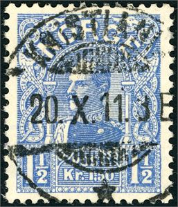 94. 1 1/2 kr Haakon 1909, rettvendt stemplet "Kristiania 20.10.11".