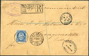 31. 60 øres porto til Skotland. 60 øre skravert posthorn på rekommandert konvolutt til Grangemounth, stemplet "Christianssand 1.3.95". Ved siden bl.a. "Hull Ship-Letter". Baksiden med "Registered Manchester" og ankomststempel. Konvolutten med en ørliten rift oppe som sees knapt.