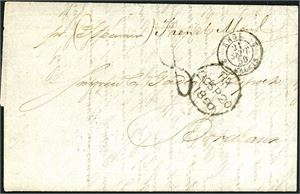 A complete letter, dated 1850 and sent to Bordeaux. British postmark "R 20 Sp 20 1850" and "Angl Calais 21 Sept 50" at front. On reverse a handwritten message: "Ln 20/9/50 rec f (from) West/Indies mail Yesterday evening too late to forward by Your Obedioon Servant for Delevante".