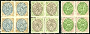 7,8,12. The 4 c- (print 2) , 5 c- (print 6) and 12 c (print 2) 1863 in blocks of four. The 12 c are rather heavily hinged.