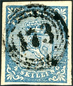 1. 4 skilling våpen 1855, anert med nummerstempel "173" (Lebesby, FI, 10 pkt). Tre normale marger, litt smal nede.