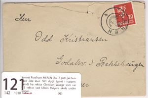 Kronet Posthorn MEREN (Bu, 7 pkt) på brev med 20ø løve. Slitt stygt åpnet i toppen.  Sendt fra rektor Christian Waage som var NS rektor ved Ullern Høyere skole under krigen.