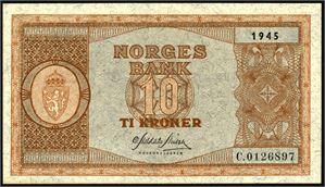 10 kroner 1945, serie C.0126897. 0
