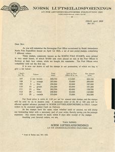 A small note from "Norsk Luftseiladsforenings A/S for Amundsen-Ellsworths Polflygning 1925 (The Norwegian Aero Club)" about the Norwegian Polar-stamps). Also a small book "Air mail Transpolare flight by The Dirigible "Norge" 1926" and one letter from "Royal Vice=Consulate of Sweden, Portland, Oregon 1929" about FFC.