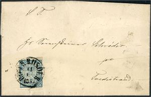 1. 4 skilling våpen 1855 på komplett brev, stemplet "Öster Riisøer 11.4.1856". Merket med 3 brede marger og smal i høyre side.