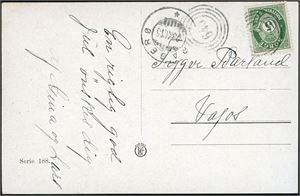 99. 5 øre Posthorn på postkort, annullert med 4-rings "646" (Gjerde, Sannikedal, TE), og ved siden stemplet "Kragerø 23.12.15" og sendt til Vafos.