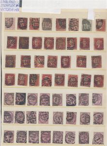 England Plansjer med nummerstempler på Victoriamerker.  Ca 150 merker