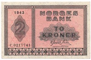 2 kroner 1943 C.0217741. Kv.0
