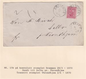 NK 15 B, St. Drammen 28/3-1870, sendt til Selbo pr. Trondhjem, Transit st. Trondhjem 2/4-1870
