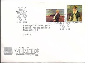 NK918-19 Førstedagsbrev med vignett fra Viking reklamebyrå, uregistrert i Brænnes katalog