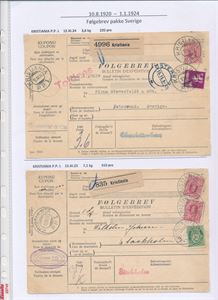 FØLGEBREV - TIL SVERIGE 2 pakker, "KRISTIANIA PP 1924" og "1924"